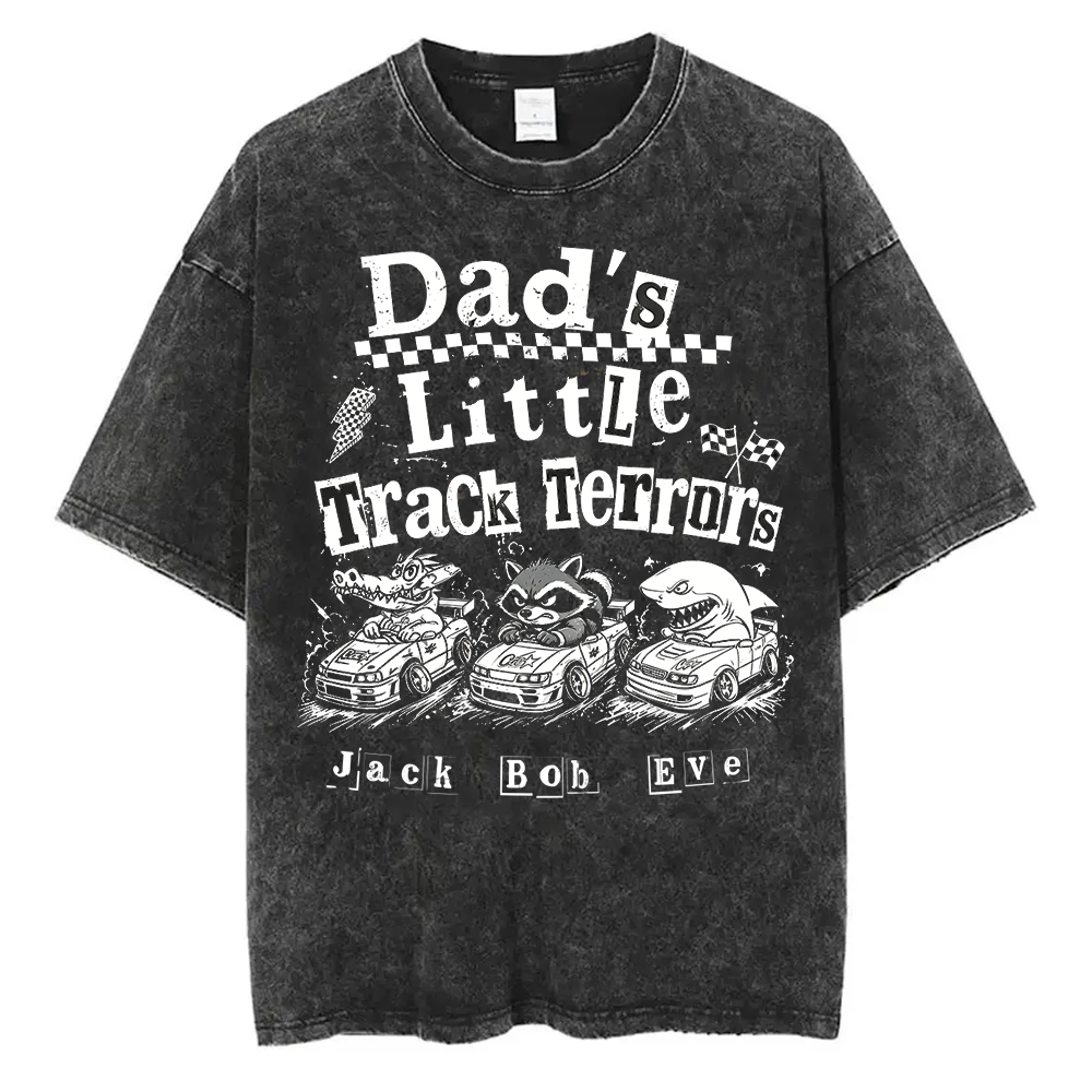 Personalized Dad's Little Track Terrors T-Shirt, Custom Kid Names Animal Race Car Dad Tee