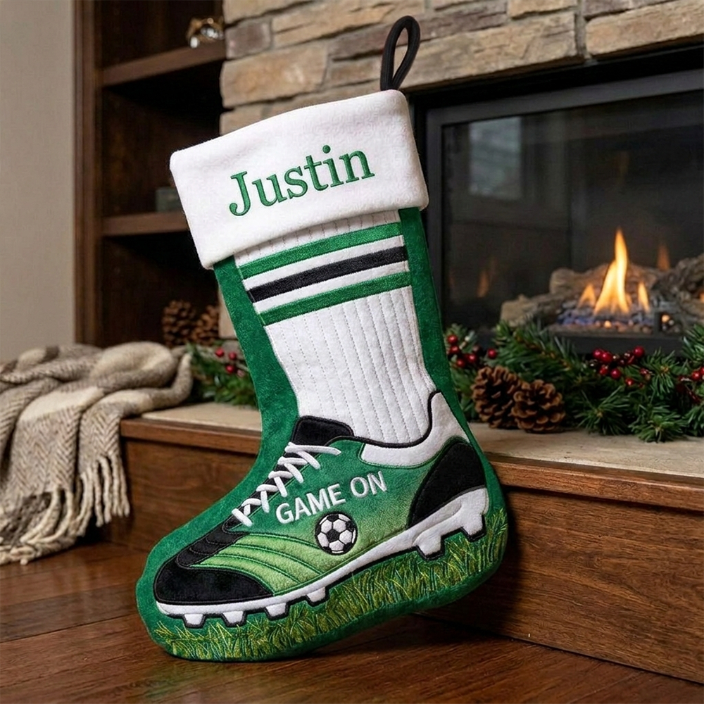 Personalized Soccer Christmas Stocking Custom Name Green Football Boot Shape Holiday Stocking For Kids Boys Sports Fans Xmas Gift
