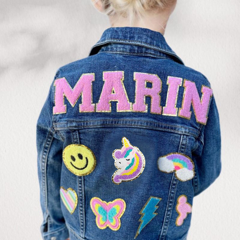 Personalized Rainbow Dream Horse Smiley Butterfly Lightning Patch Custom Name Colorful Fun Style Kid Denim Jacket