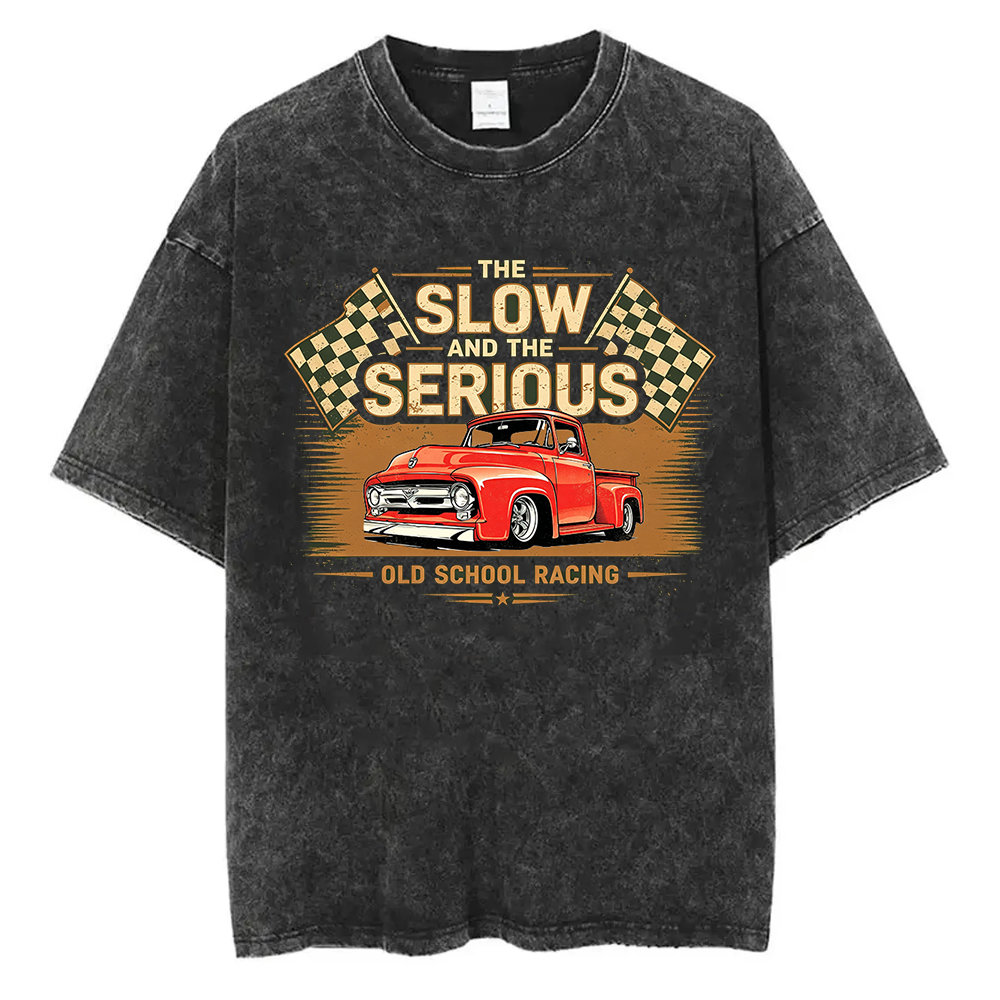 Personalized Retro Washed Cotton Racing T-Shirt Muscle Car "The Slow and The Serious" Graphic Tee, Vintage Checkered Flag Auto Enthusiast Shirt