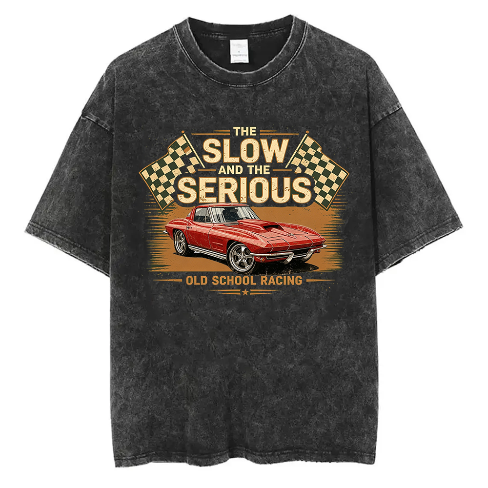 Personalized Retro Washed Cotton Racing T-Shirt Muscle Car "The Slow and The Serious" Graphic Tee, Vintage Checkered Flag Auto Enthusiast Shirt
