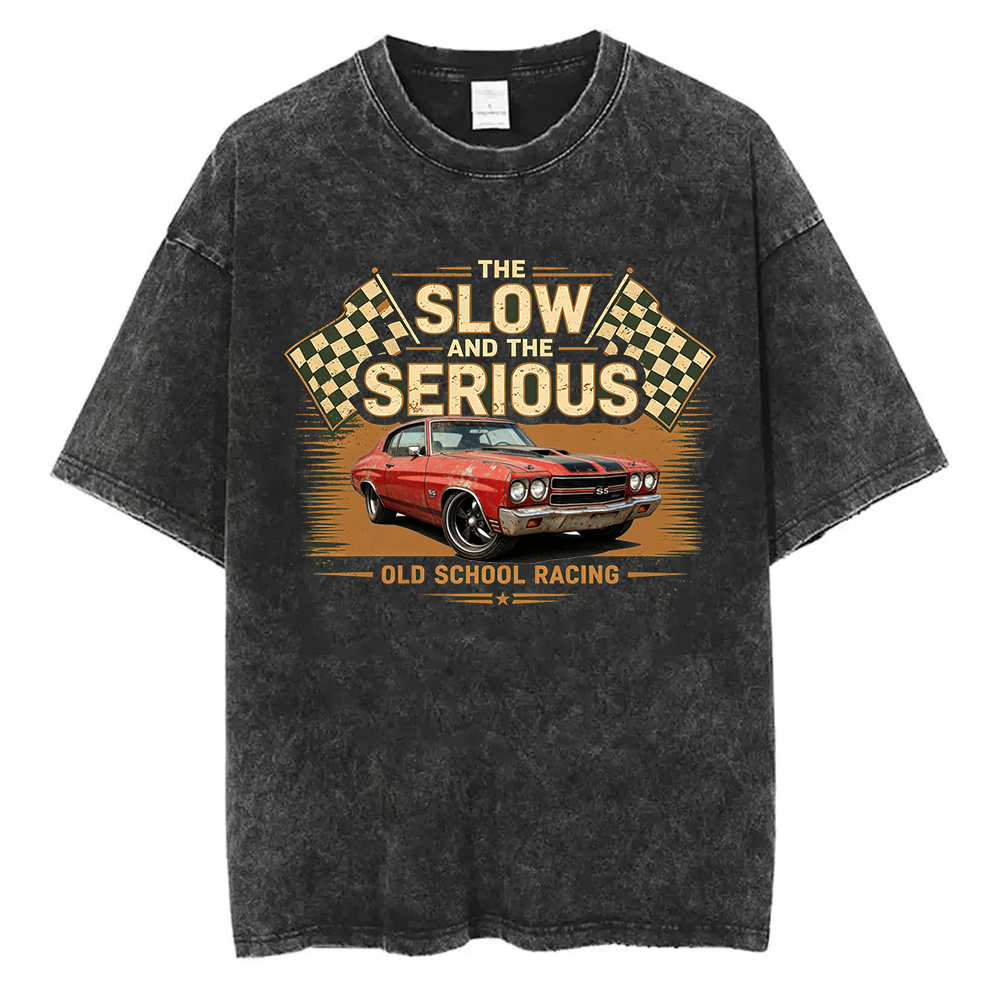Personalized Retro Washed Cotton Racing T-Shirt Muscle Car "The Slow and The Serious" Graphic Tee, Vintage Checkered Flag Auto Enthusiast Shirt