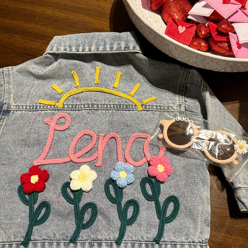 Personalized Sun and Flowers Embroidery Name Custom Cute Spring Garden Style Toddler Outfit Gift Kid Knitted Denim Jacket
