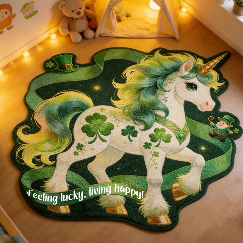 Personalized Lucky Clover Green Dream Horse Rainbow Magic St Patricks Day Custom Name Soft Fantasy Playroom Decor Carpet Rug for Kids