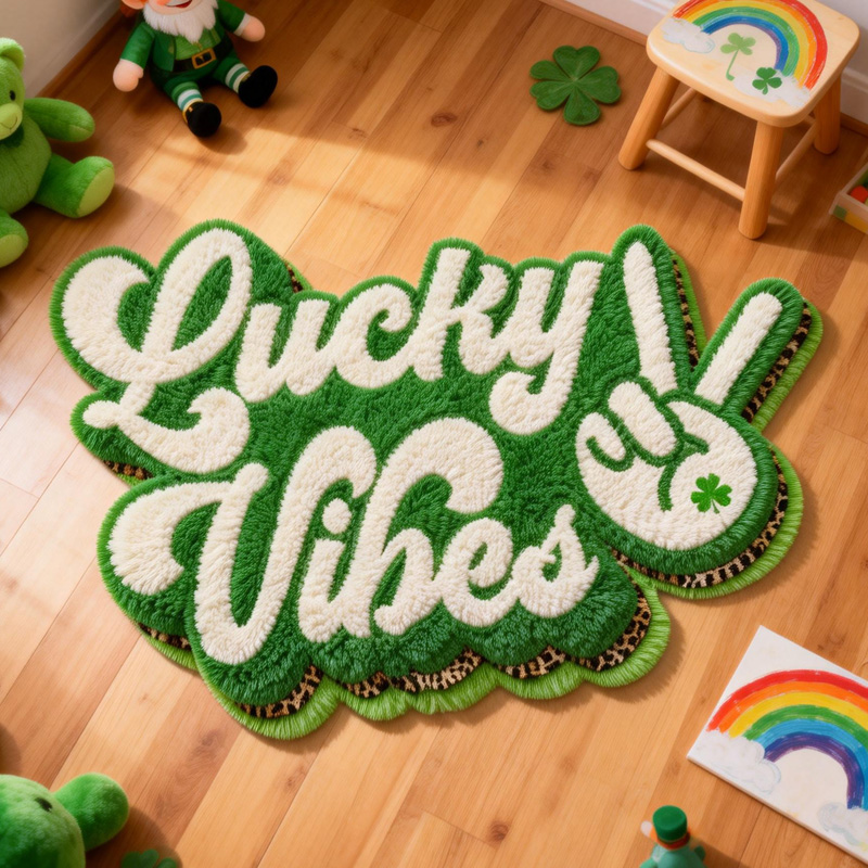 Personalized Lucky Vibes Green Peace Hand Clover St Patricks Day Positive Energy Custom Name Playroom Decor Carpet Rug for Kids
