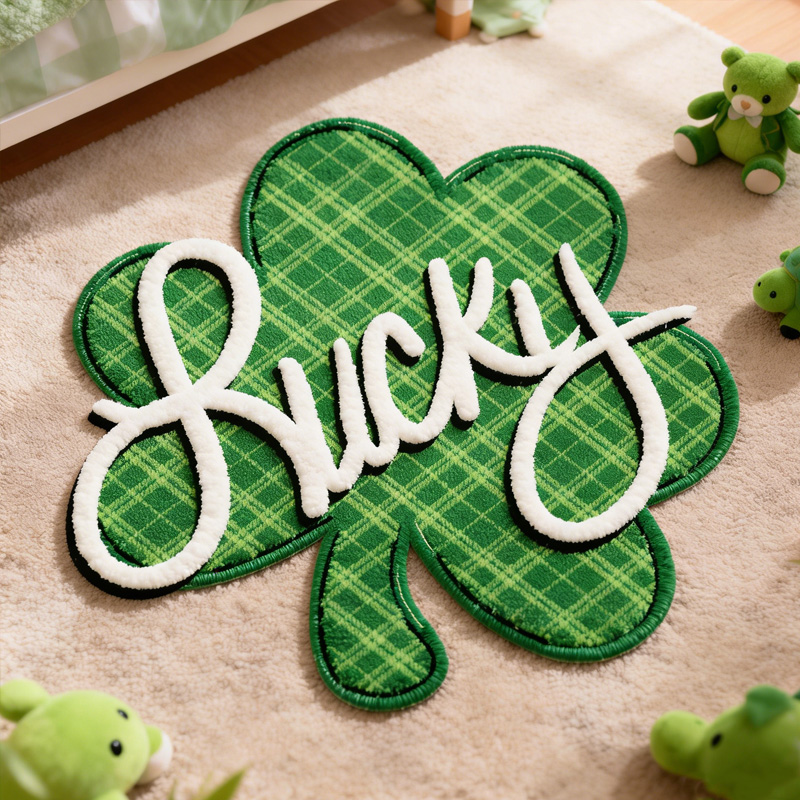 Personalized Lucky Green Plaid Shamrock Clover St Patricks Day Custom Name Soft Playroom Decor Carpet Rug for Kids
