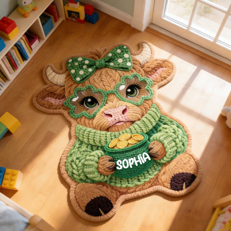 Personalized Cute Green Bow Highland Cow Holding Gold Pot St Patricks Day Custom Name Playroom Decor Carpet Rug for Kids