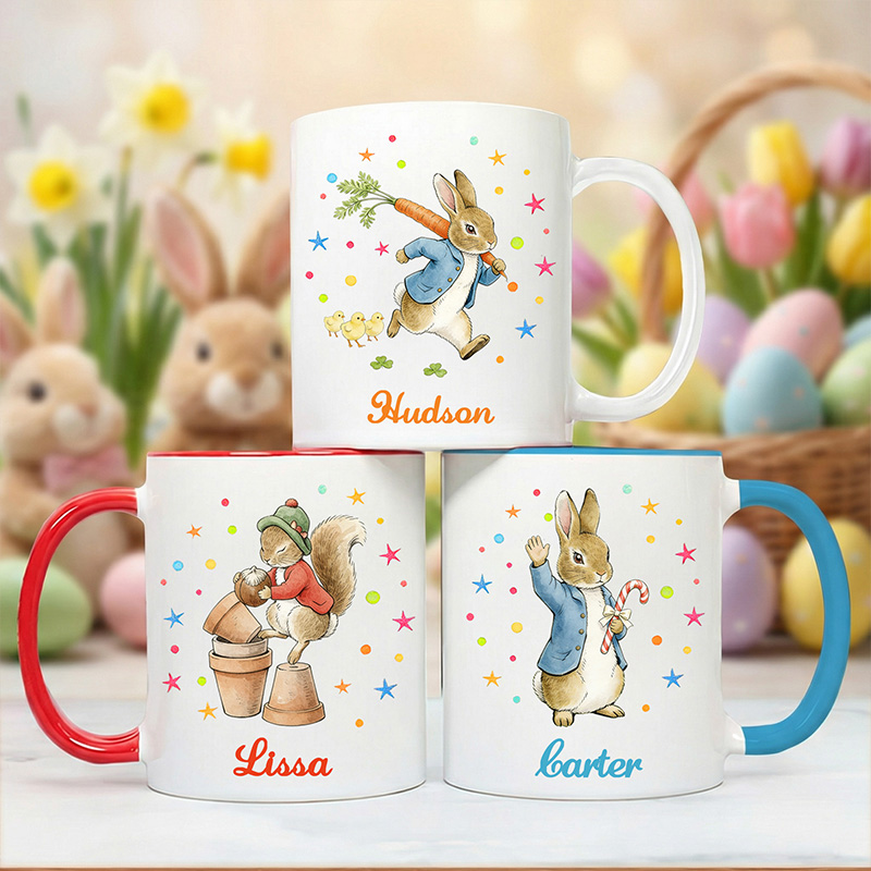Personalized Cute Easter Bunny Holding Flowers and Eggs Spring Colorful Custom Name Family Gift Coffee Tea Mug