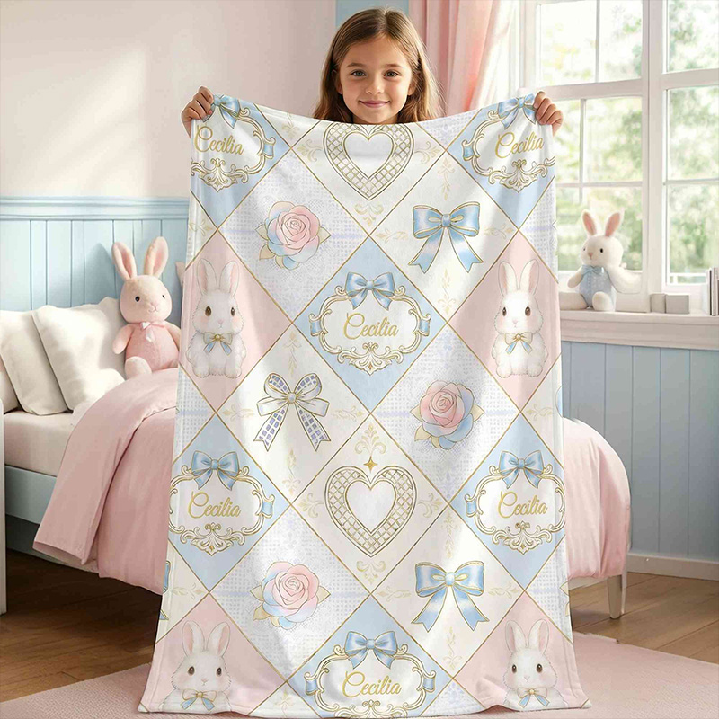 Personalized Cute Bunny Bow Heart Diamond Pattern pastel Blue Pink Baby Nursery Custom Name Soft Cozy Blanket