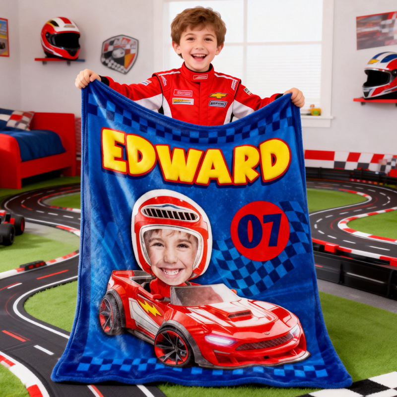 Personalized Race to My Heart Red Racing Car and Helmet Design  Custom Blanket Gift for Son and Grandson