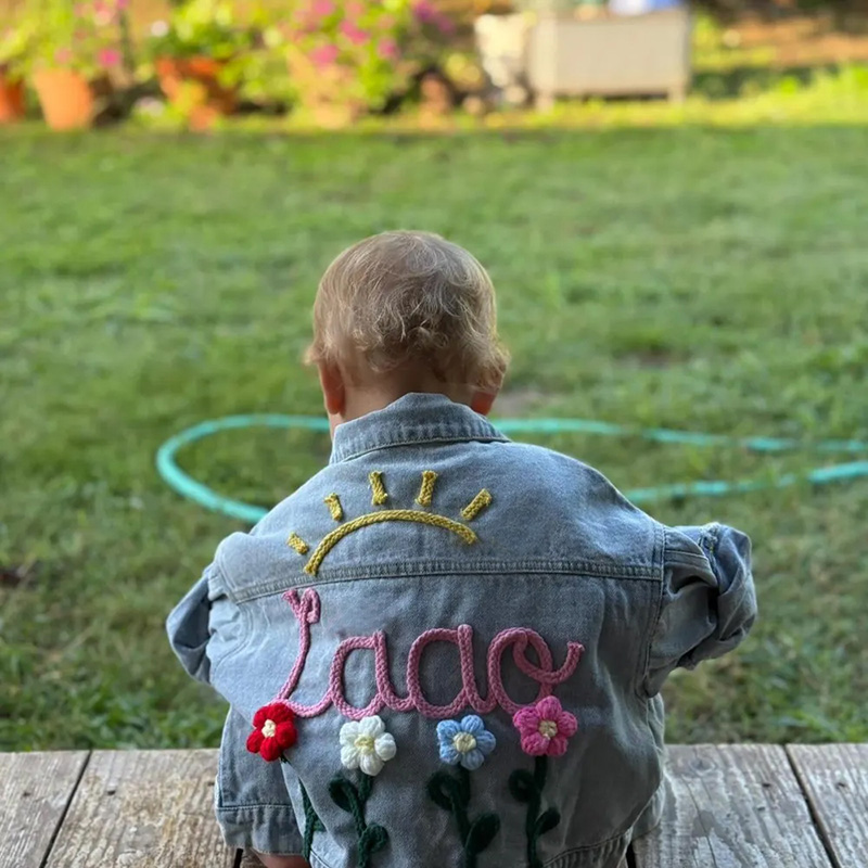 Personalized Sun and Flowers Embroidery Name Custom Cute Spring Garden Style Toddler Outfit Gift Kid Knitted Denim Jacket