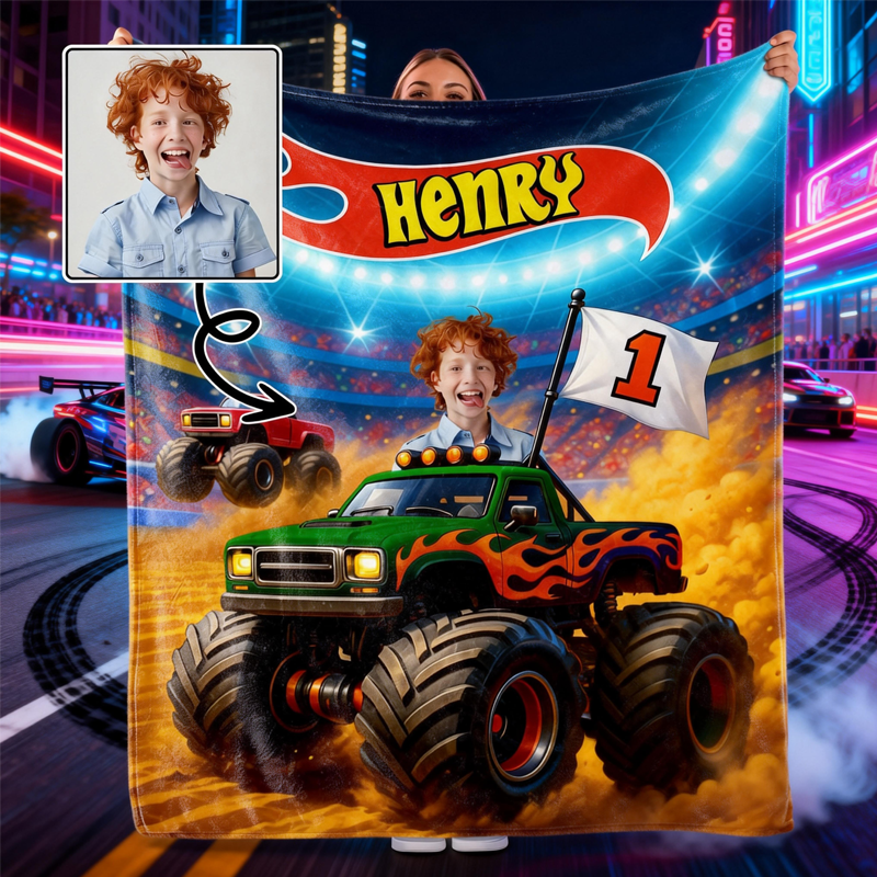 Personalized Thrilling Adventure With Monster Trucks Custom Blanket Gift For Boys And Kids