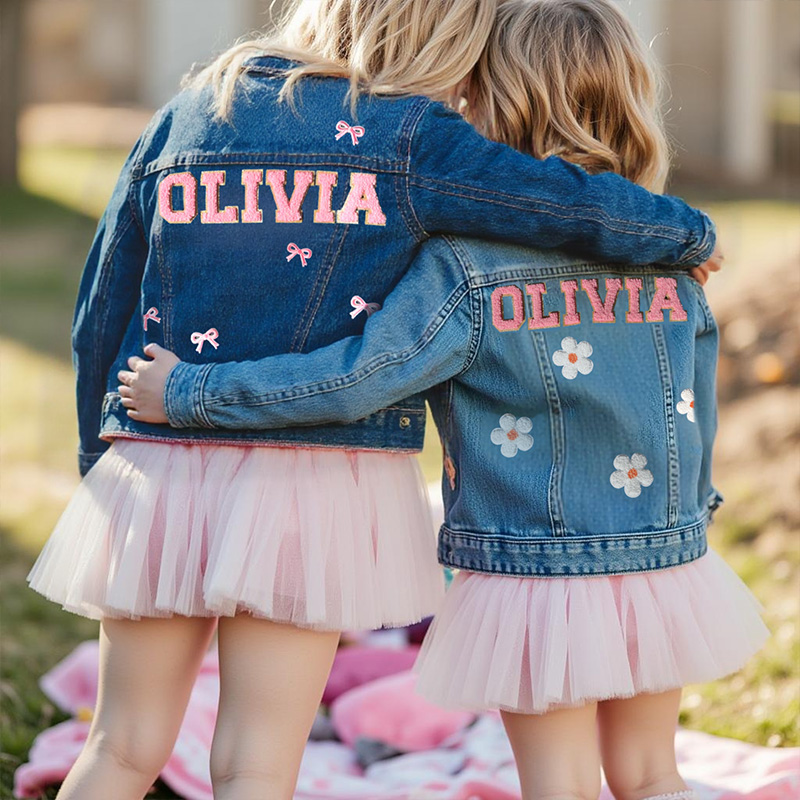 Personalized Pink Flower Custom Name Matching Sisters Outfit Spring Cute Style Kid Denim Jacket