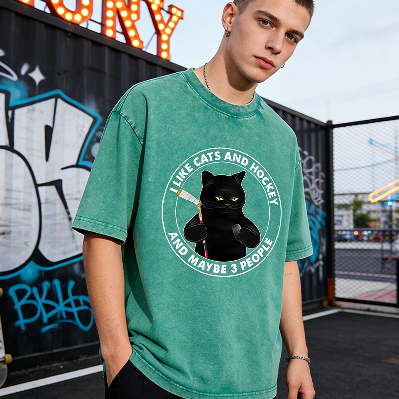 Personalized Funny Cat and Hockey Lover Washed T-Shirt with Custom Name and Number