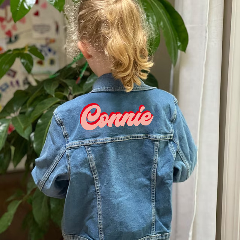 Personalized Bold Name Retro Style Custom Lettering Casual Everyday Outfit Gift Kid Denim Jacket