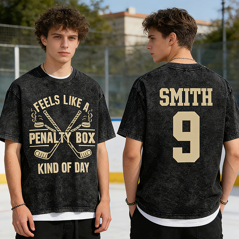 Personalized "Penalty Box Kind of Day" Hockey Washed T-Shirt with Custom Name and Number