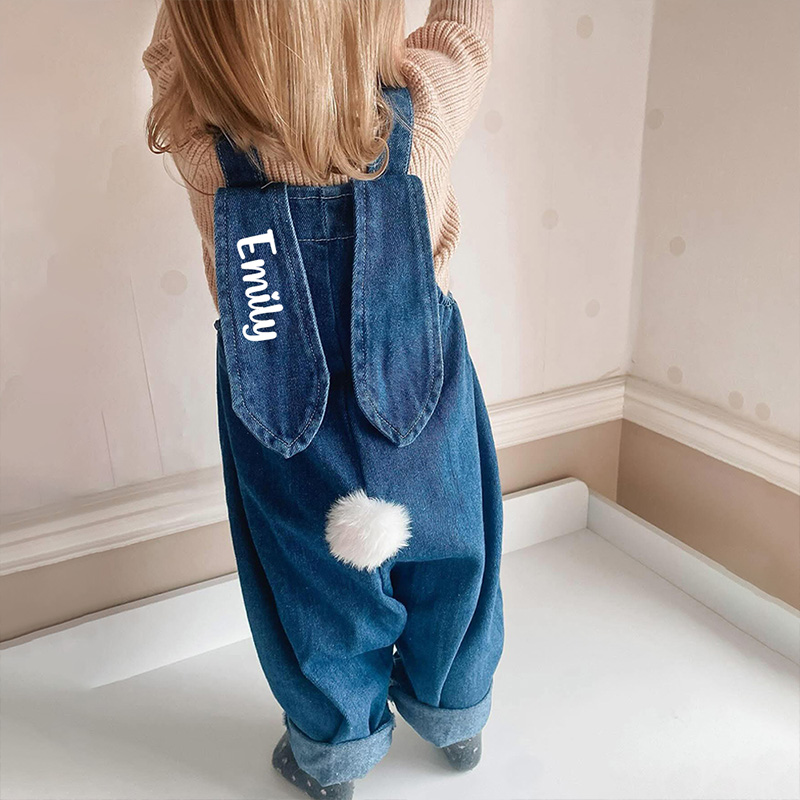 Personalized Custom Name Cute Tail Soft Playful Style Easter Outfit Adorable Toddler Gift Bunny Ears Denim Overalls