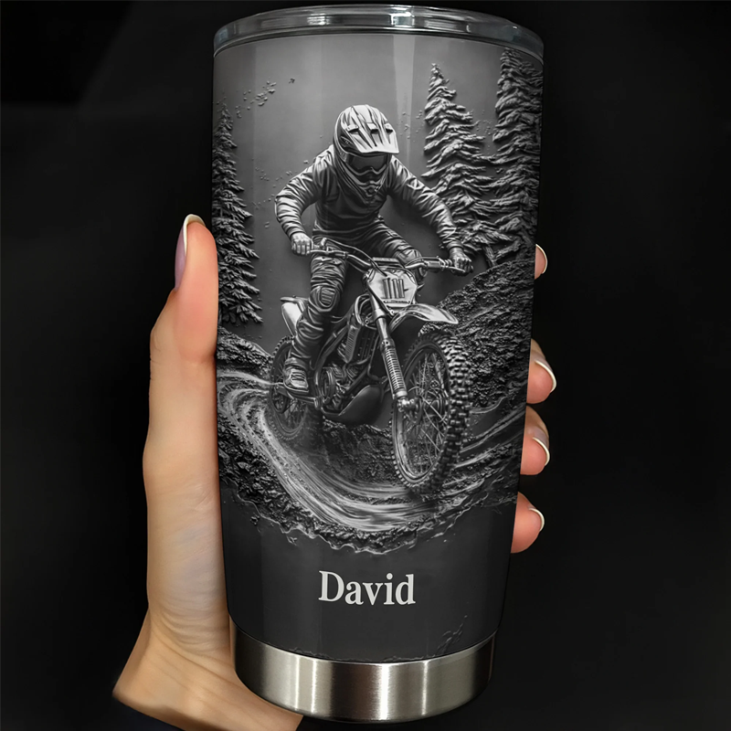 Personalized 2D Flat Experience the Thrill of the Ride Motorcycle and Rider Stainless Steel Tumbler Gift for Motorcycle Enthusiasts