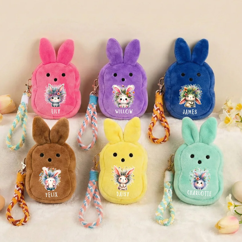 Personalized Cute Rabbit Flower Plush Bunny Ears Wallet with Name and Wristband Easter Party Birthday Gift for Boys Girls