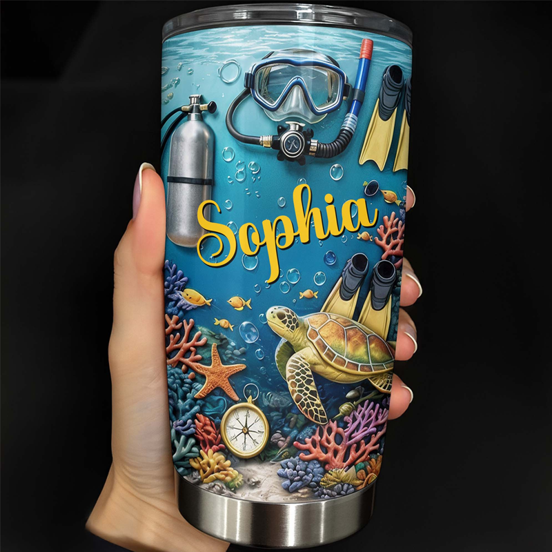 Personalized 2D Flat Explore the Ocean Mysteries Turtle and Marine Life Personalized Custom Stainless Steel Tumbler Gift for Ocean Lovers