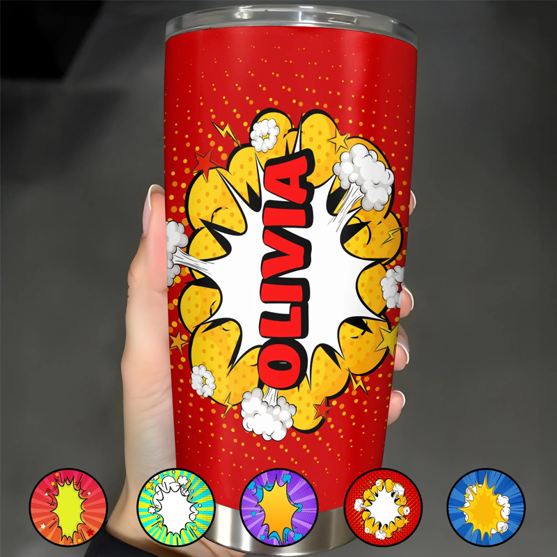 Personalized 2D Flat Burst of Name in Tropical Style with Comic Style Explosion Personalized Tumbler Gift for Kids