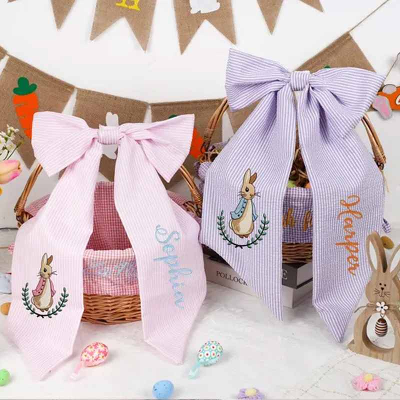 Personalized Embroidered Embroidery Name Basket Bow Custom Seersucker Ribbon with Bunny Design for Kids