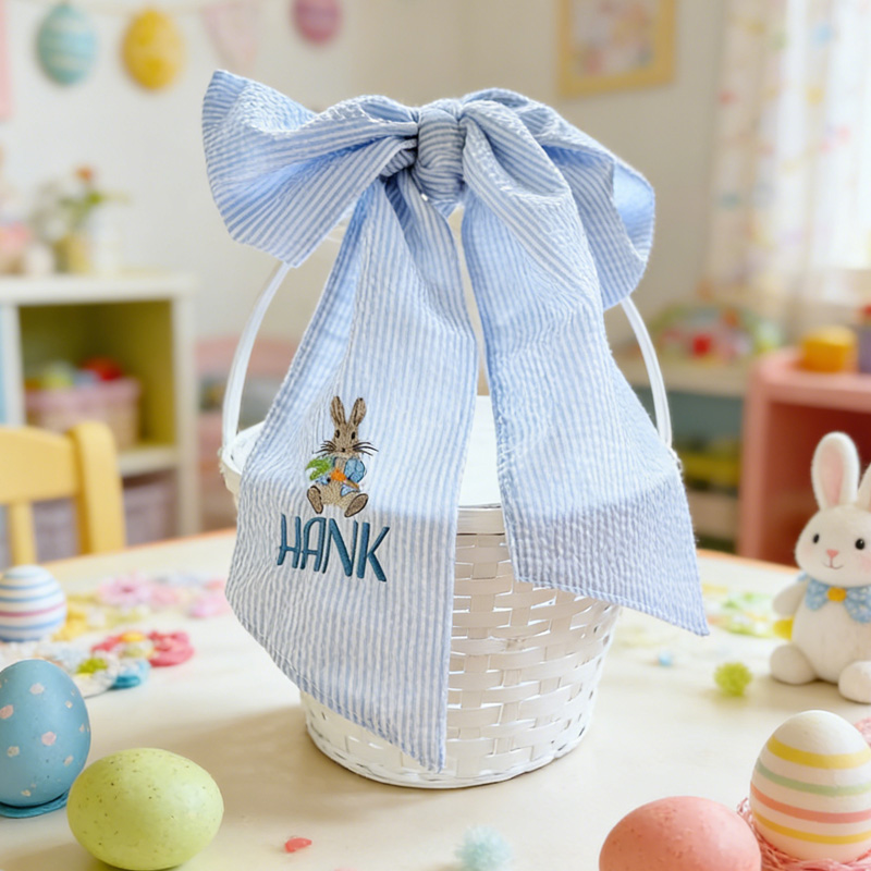 Personalized Embroidered Name Easter Basket Cover Custom Blue Seersucker Fabric with Bunny Design Bow