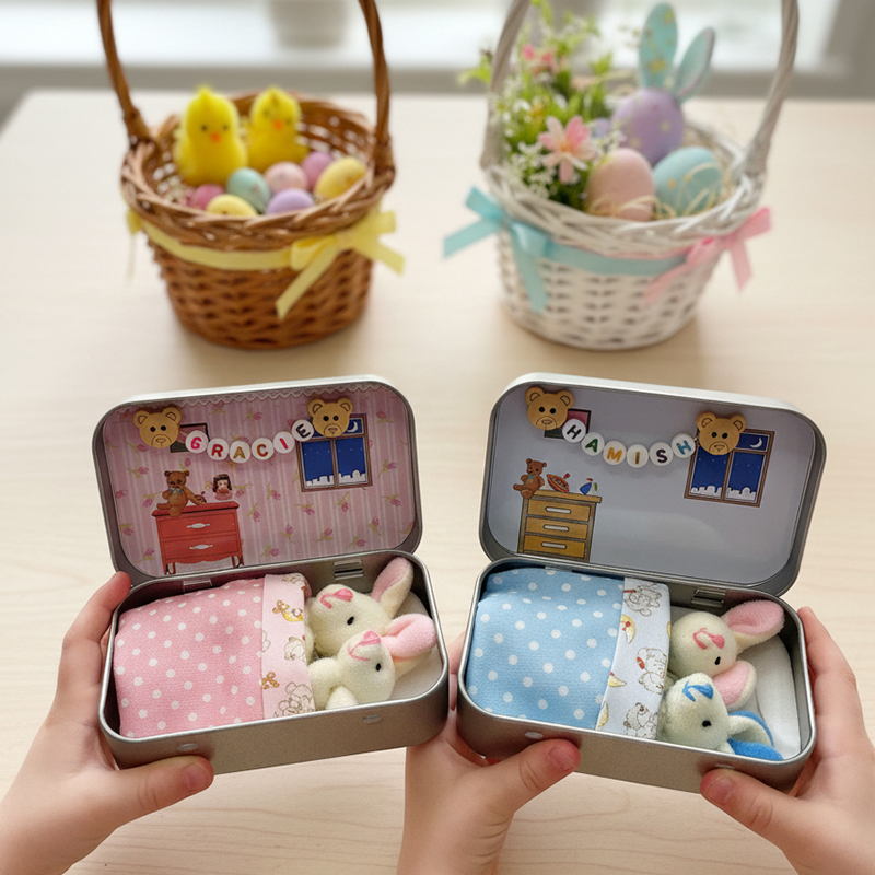 Personalized Easter Bunny Plush Set with Custom Name Bead Chain and Tin Box Room Perfect Gift Basket Filler