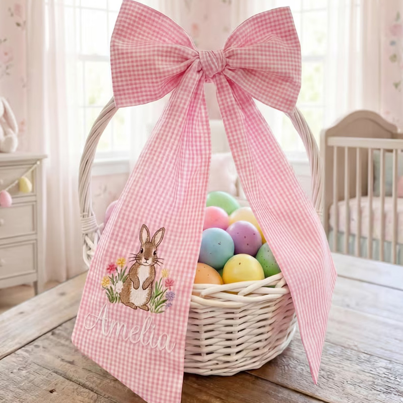 Personalized Embroidered Easter Basket Bow Custom Pink Seersucker Fabric with Bunny Design Decoration