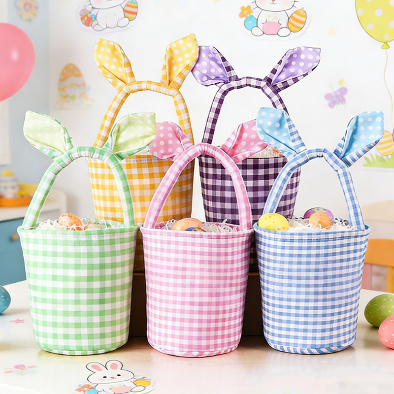 Personalized Adorable Bunny Ears Custom Name Initial Gingham Fabric Easter Basket