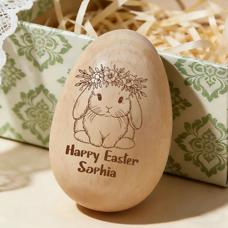 Personalized Wooden Easter Egg Cute Rabbit with Flower Crown Kids Easter Gifts Baby First Easter