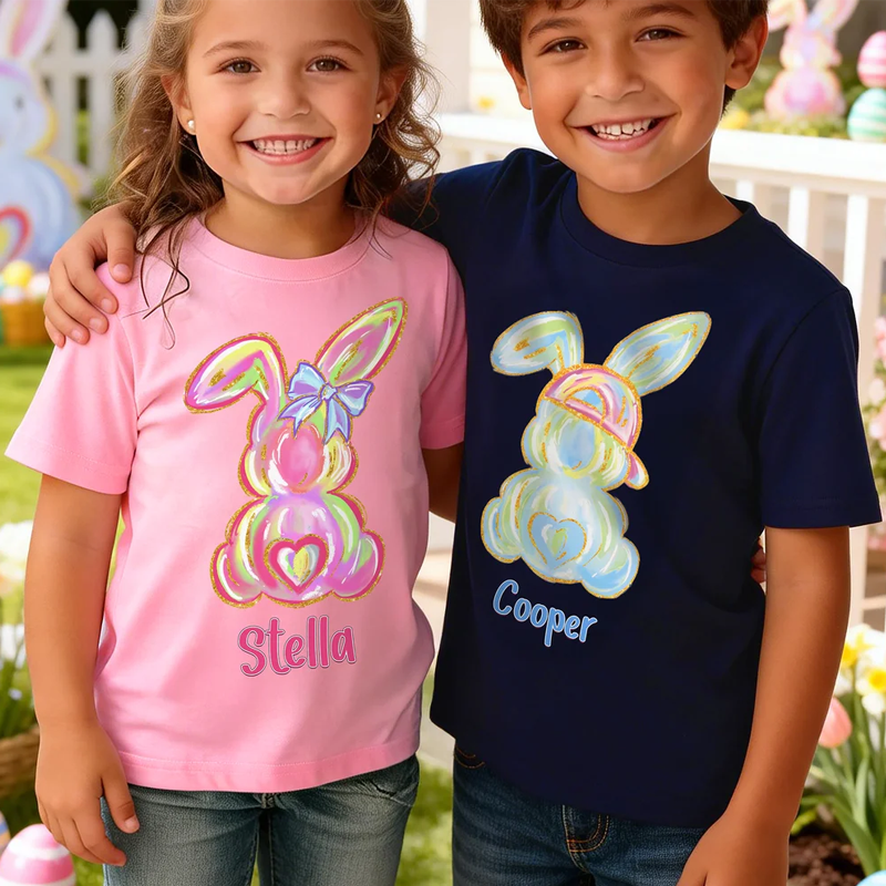 Personalized Fluorescent Graffiti Bunny 100% Cotton Kid T-shirt with Name Party Outfits Photo Props Easter Children's Day Gift for Toddlers Kids