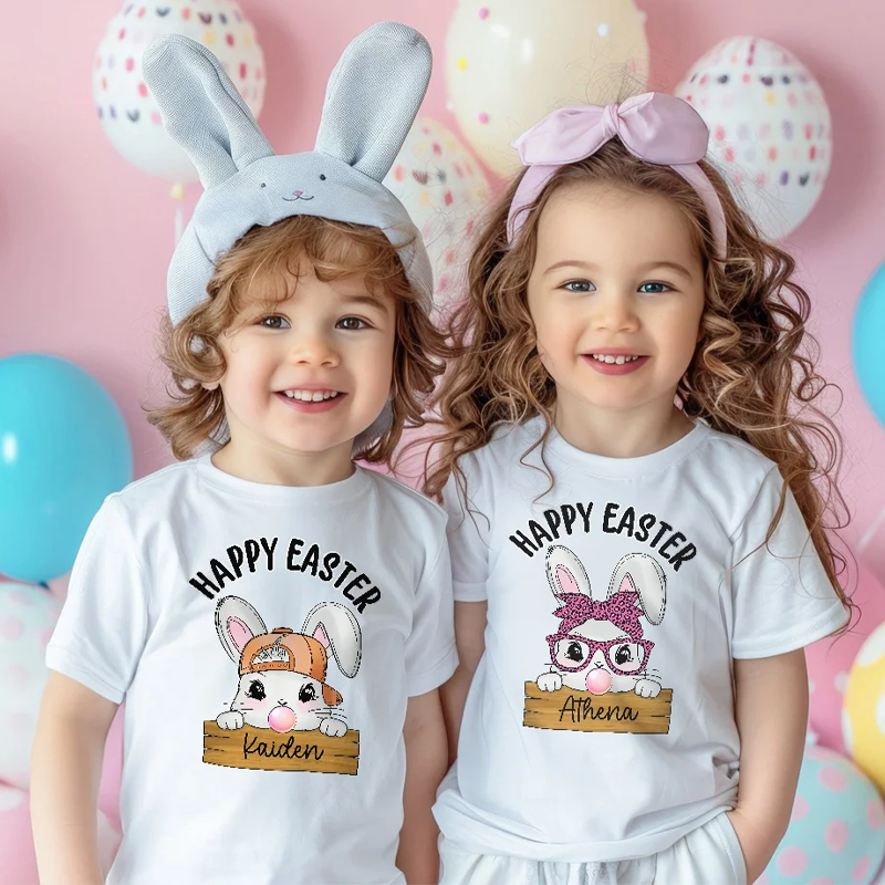 Personalized Happy Easter Cute Bunny 100% Cotton T-shirt with Name Easter Party Gift for Boys Girls