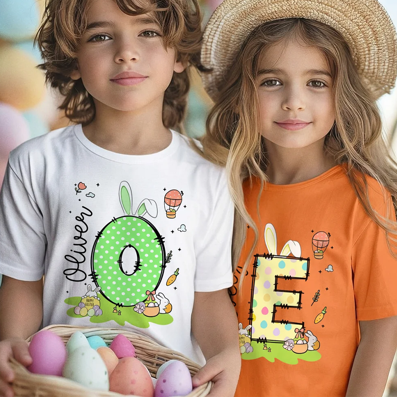 Personalized Cute Bunny Initial 100% Cotton Kid T-shirt with Name Easter Egg Hunt Easter Gift for Boys Girls