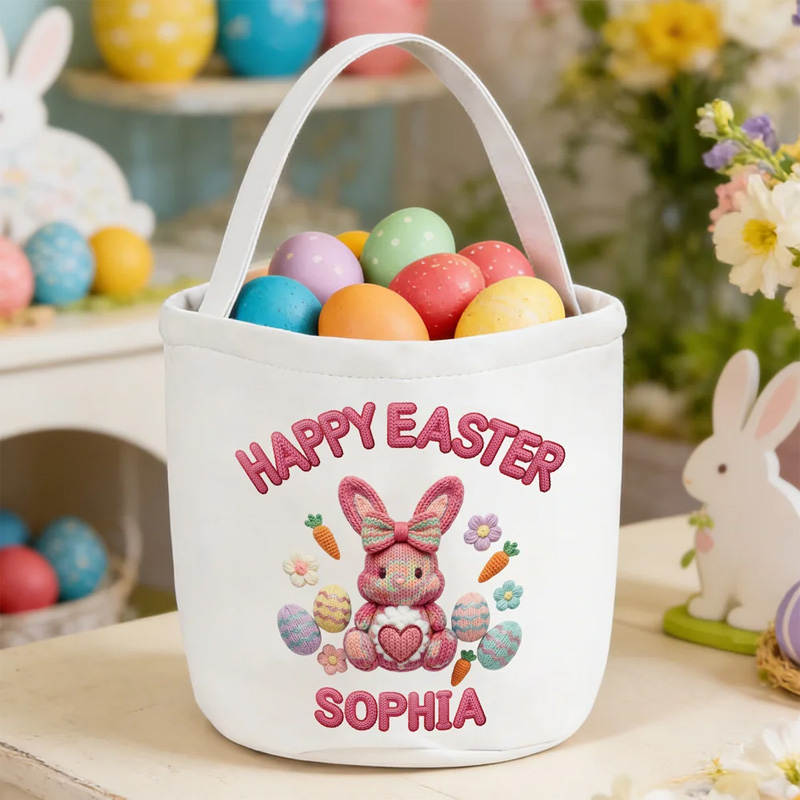 Personalized Happy Easter Faux Yarn Bunny Large Capacity Canvas Easter Basket with Name Easter Day Gift for Boys Girls