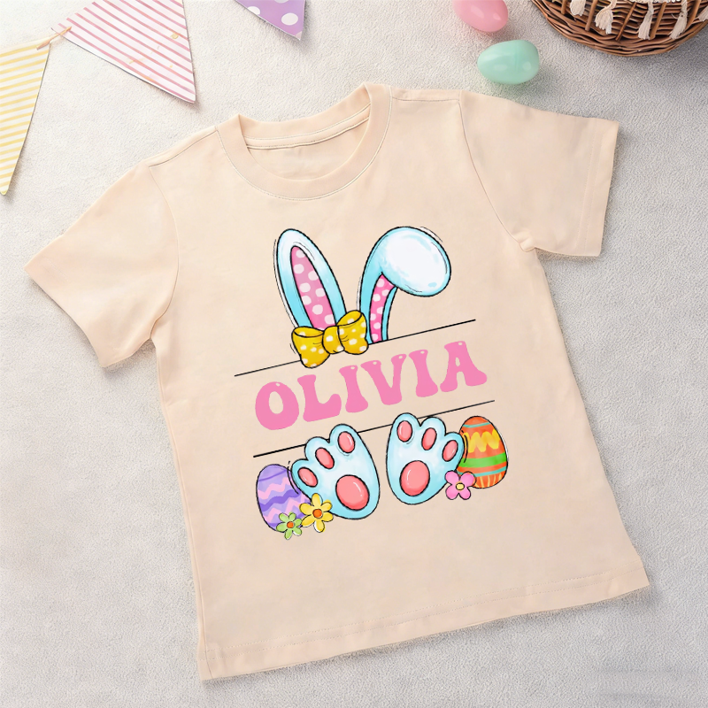 Personalized Cute Bunny Happy Easter Custom Shirt 100% Cotton Kid T-shirt with Name Easter Egg Hunt Easter Gift for Boys Girls