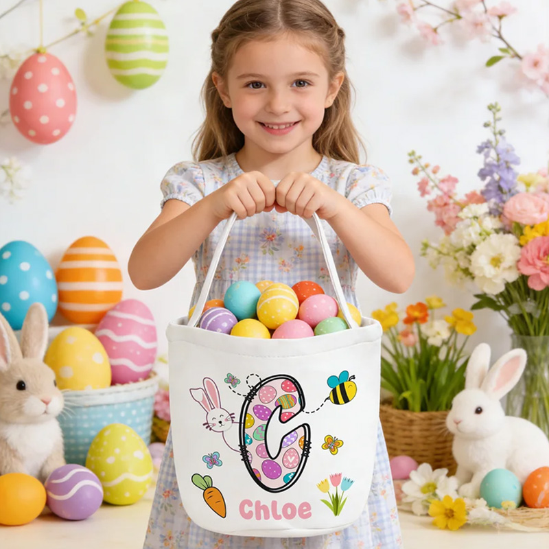 Personalized Easter Bunny Initial Canvas Easter Basket with Name Egg Hunting Accessories Easter Gift for Kids