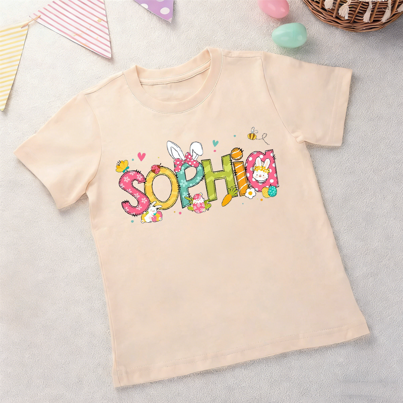 Personalized Cute Bunny Alphabet Easter 100% Cotton Kid T-shirt with Name Easter Egg Hunt Easter Gift for Boys Girls