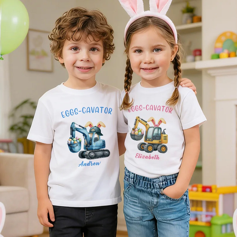 Personalized Cute Excavator Bunny Ear Initial 100% Cotton Bodysuit Kid T-shirt with Name Daily Wear Easter Gift for Babies Children