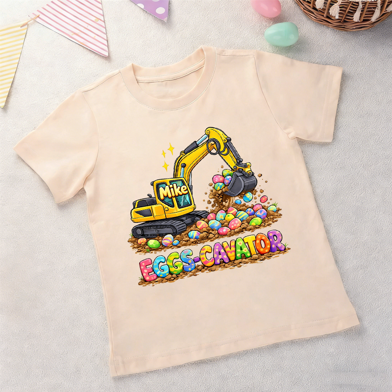 Personalized Cute Bunny Eggs-Cavator Excavator 100% Cotton Kid T-shirt with Name Easter Egg Hunt Easter Gift for Boys Girls