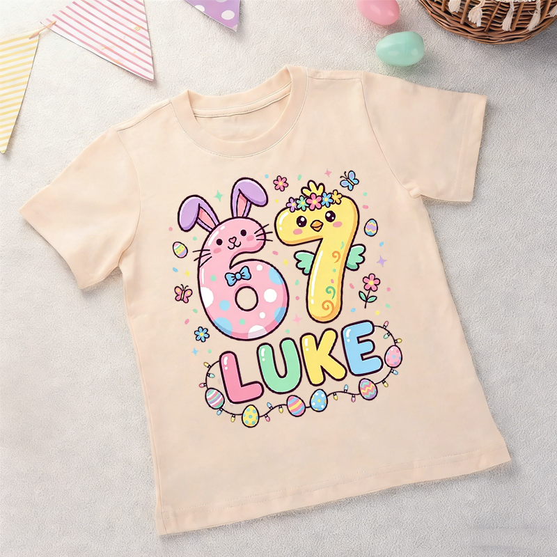 Personalized Cute Bunny 67 Easter 100% Cotton Kid T-shirt with Name Easter Egg Hunt Easter Gift for Boys Girls