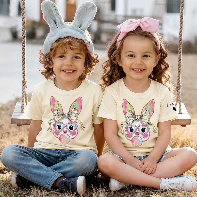 Personalized Cute Glitter Easter Bunny Multicolor T-shirt Sweatshirt with Name Easter Birthday Gift for Kids Friends