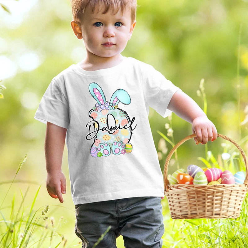 Personalized Multicolor Cute Easter Bunny Initial 100% Cotton T-shirt with Name Easter Party Gift for Boys Girls