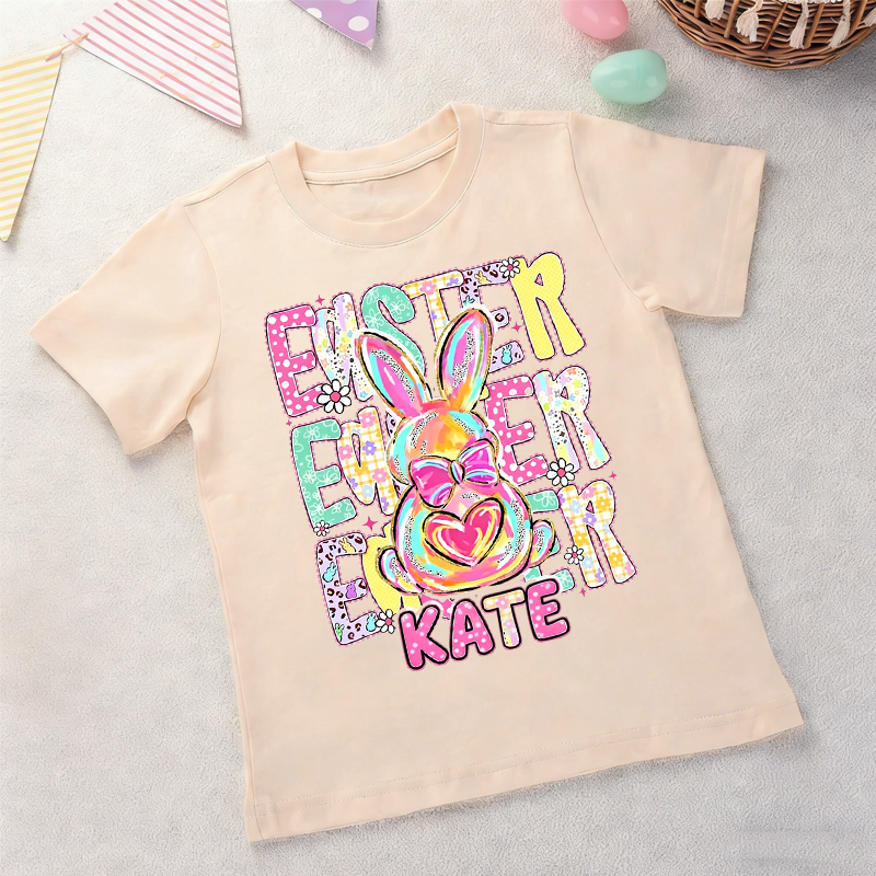Personalized Cute Bunny Happy Easter Comfort Colors 100% Cotton Kid T-shirt with Name Easter Egg Hunt Easter Gift for Boys Girls