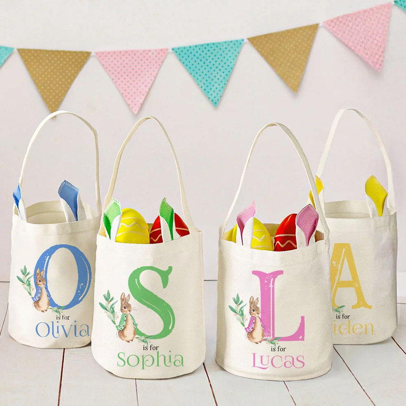 Personalized Cute Peter Rabbit Bunny Ears Bucket Bag Basket with Initial and Name Easter Egg Hunt Supplies Birthday Party Favors Gift for Kids