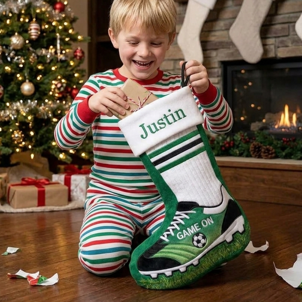 Personalized Soccer Christmas Stocking Custom Name Green Football Boot Shape Holiday Stocking For Kids Boys Sports Fans Xmas Gift