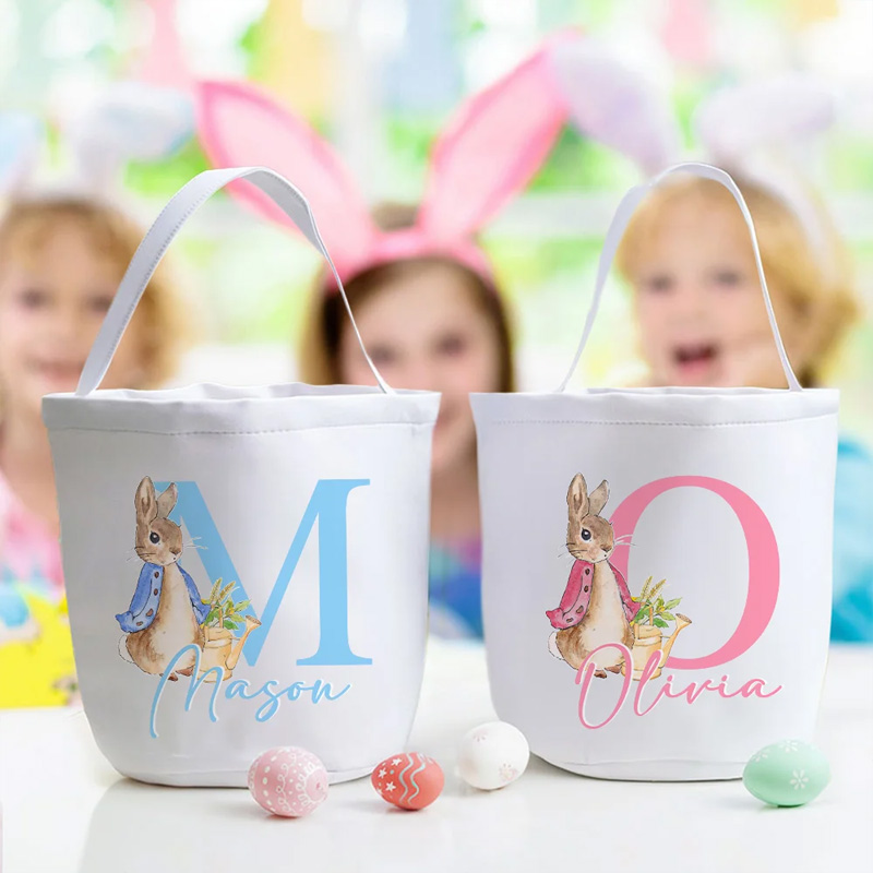 Personalized Cute Bunny with Initial and Name Large Canvas Candy Basket with Handle Funny Easter Eggs Hunting Gift for Boys Girls