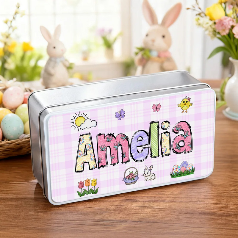 Personalized Rabbit Flowers Easter Eggs Food Grade Metal Biscuit Box with Name Daily Use Easter Gift for Boys Girls Kids