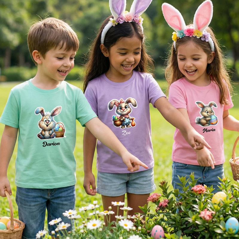 Personalized Easter Cartoon Bunny Multicolor Kid/Adult T-shirt Sweatshirt with Name Easter Birthday Gift for Family Kids
