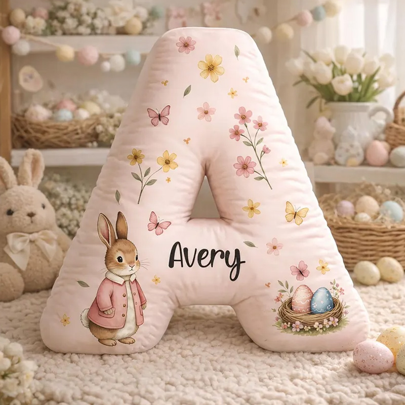 Personalized Adorable Bunny With Flowers Custom Name Initial Shaped Plush 3D Print Pillow